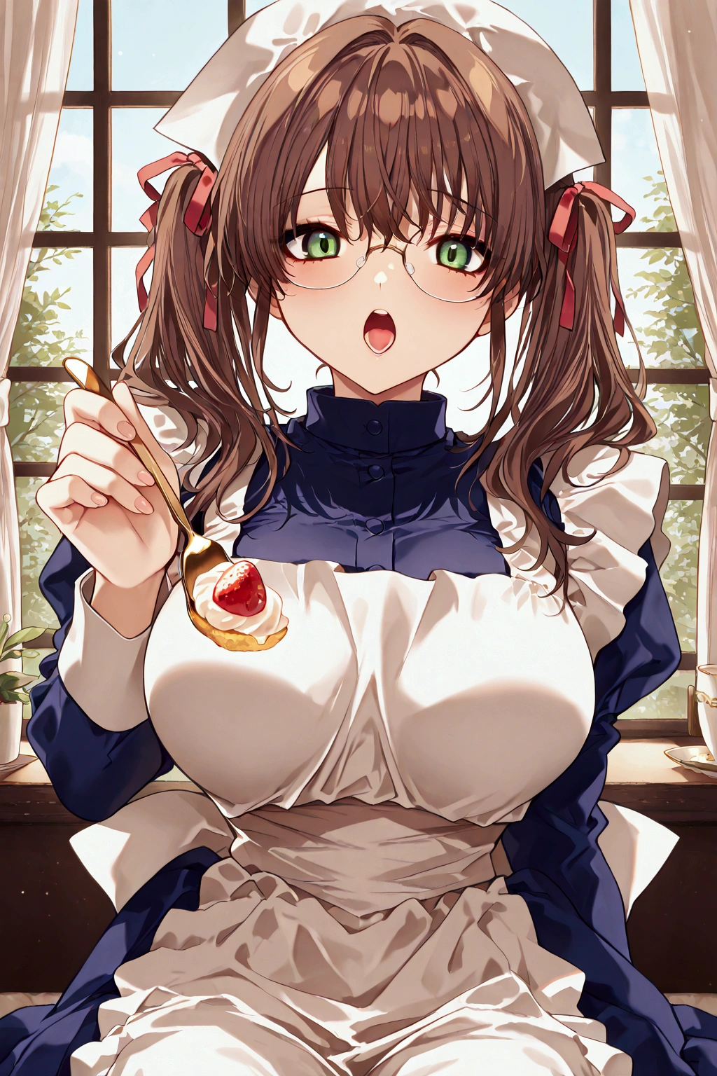 Pov, solo, harukawa tomomi, brown hair, tomomi harukawa glasses, red ribbons in hair, Tomomi Harukawa Maid blue uniform, Tomomi Hair style, Laceband, twin tails of hair, Big large breast, apron, small waist, sitting, feeding viewer, fork, dessert in her hand, warm gaze, inlove, open mouth, teeth, green eyes, details in clothing, details in look, dimanic pose, luxurious room, window, daylight, focus on the fork, focus on the face,masterpiecst quality, press perfect scene , Masterpiece, score 9, anime colors, AMERICAN SHOT, beautiful, composition, HARMONY, high quality,femenine, 16k