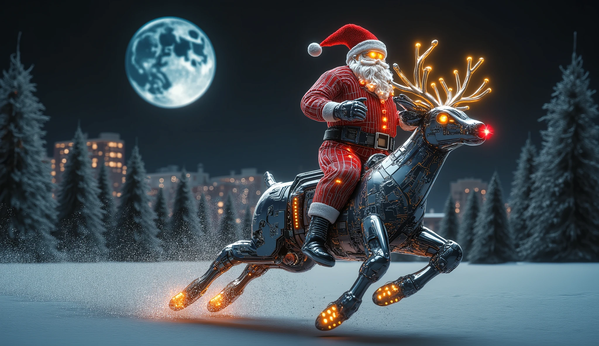 A futuristic, surreal winter scene merges holiday magic with eerie technology. Santa Claus, adorned in a glowing red-and-white suit with LED-like details, perches atop a reindeer-shaped transformer speeding through a snowy landscape. The reindeer’s metallic body is glistening with frost, its intricate antlers and hooves finely crafted with mechanical precision. The red nose shines brightly, decorated with a Christmas wreath. As the reindeer races through the snow, glitter trails in its wake, casting a radiant glow that contrasts with the dark, wintry forest backdrop. The towering figure of Santa, with glowing red eyes and a distorted, monstrous yet whimsical appearance, exudes a sense of both wonder and unease. In the distance, a cityscape twinkles with neon lights, while the moon’s blueish glow adds to the eerie, otherworldly atmosphere. The cold, isolated environment is pierced by the warm golden light surrounding the reindeer, enhancing the surreal blend of futuristic technology and festive holiday spirit.

