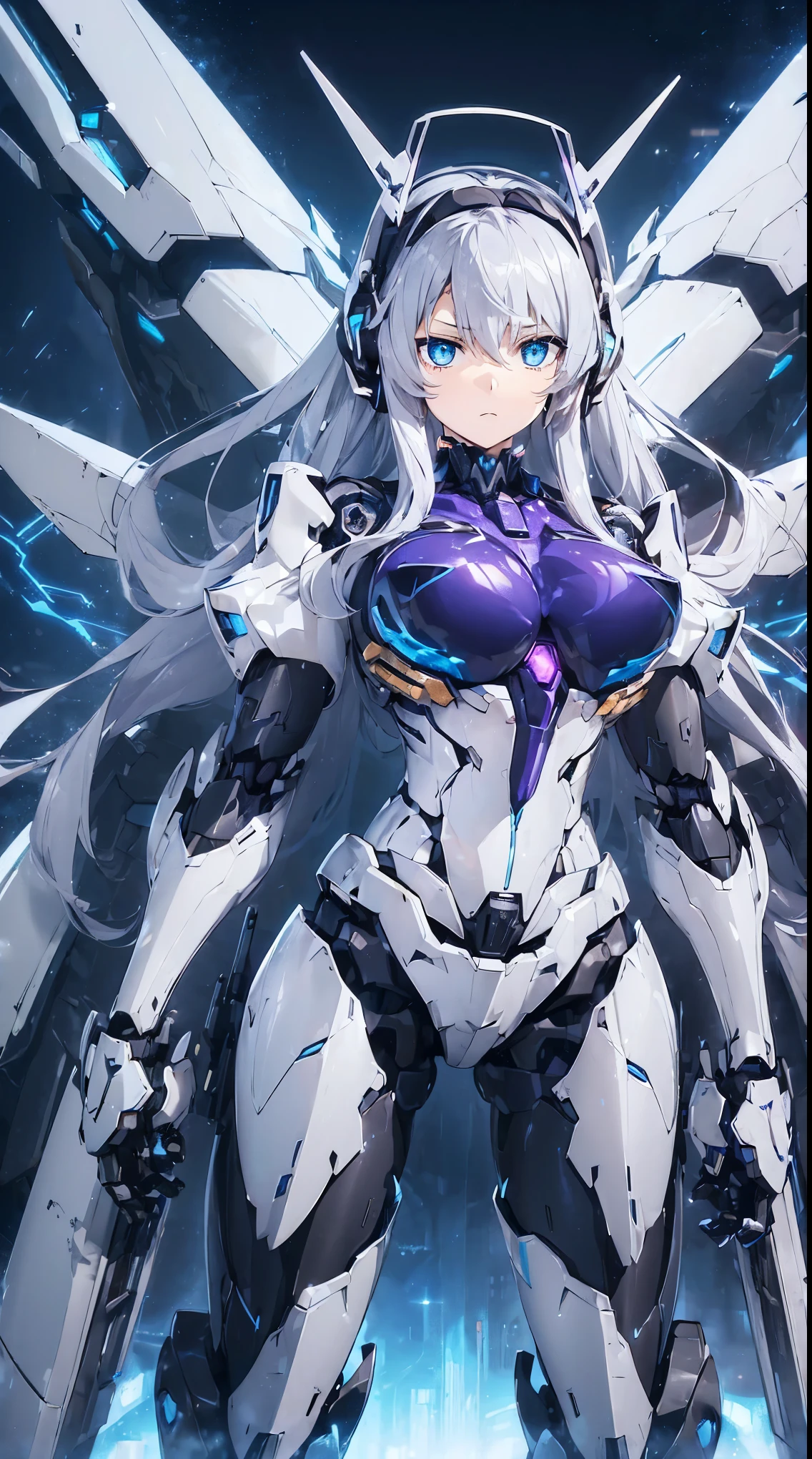 ((woman, Mecha)), blue eyes, delicate face, broken armor, Mechanical aura, Mechanical arm, white hair, long hair, Ceramic body, Thigh gap, , Internet background, Very good city, (translucent, Reflective Skin), 8K, best quality, Super detailed, (Surrealism: 1.4), 30人歳woman,Huge Breasts,cleavage