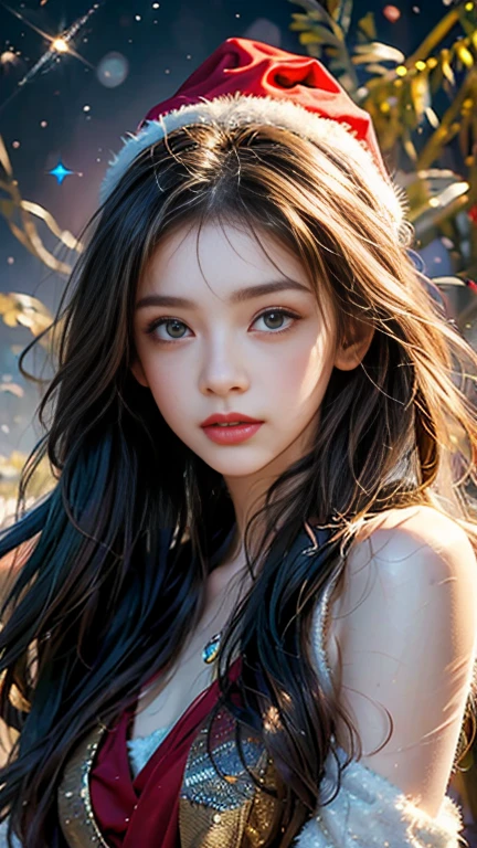 Beautiful semi-three-dimensional style，((Enchanting royal sister))，Oversized upper body，Clothing glows fluorescence，masterpiece，(Best quality)，Warm and cold coordination，，(极其详细的CG统一8kwallpaper)，blue eyes，Delicate eyes）（Messy hair），Colored tip，Black inner hair，Intricate filigree，Volumetric Lighting，jungle，Tyndall Effect，A sense of colorful atmosphere，Halo，Best quality，（masterpiece：1.35），wallpaper，（illustration），Original，Delicate accessories，Flowing long hair，Messy hair，Black fog surrounds，Dense forest，Big Red Lantern，A large number of light particles，magic，Flowing ripples，(Best quality)，Fine details，Watercolor effect，Ink splash，Pink floating clouds，lightning，Hydration，Gradient，Extra long hair，Delicate face，((Exquisite facial features)，((Long eyelashes)))，((Enchanting and charming))，Red pupils，Classical temperament，cartoon，Beautiful and exquisite，jungle探险，Temperament confidence，8K，Women's whole body，arrogant，enthusiasm，Beauty，(Full body close-up)，Dreamy and beautiful，Depth of Field，Macro lens，Queen temperament，Sexy long legs，Big boobs。