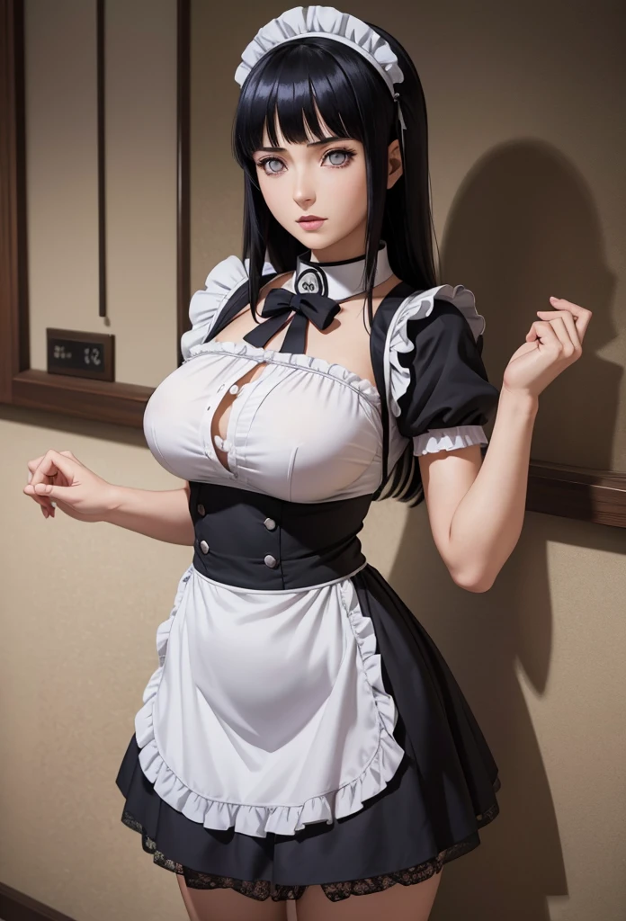 ((masterpiece)), ((highest quality)), ((High resolution)), ((detailed background)), ((Highly detailed CG Unity 8K wallpaper)), alone, black random hair, long hair, blue eyes, Hair Tuft, cowboy shot, bedroom, ((Maid clothes))、(下乳:1.8),