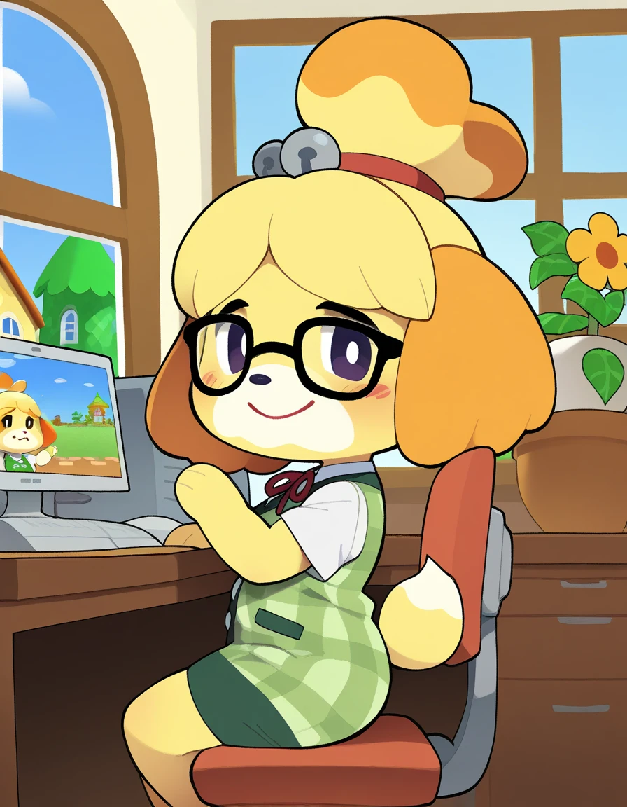 (by Wonderslug, by Youjomodoki), solo toony chibi (isabelle \(animal crossing\):1.25), fox, yellow body, dress, sitting on chair in office, portrait, waving at the viewer, day, animal crossing city, plant with flower, computer, glasses, detailed pawn, smile, window, painting, side view, turn head