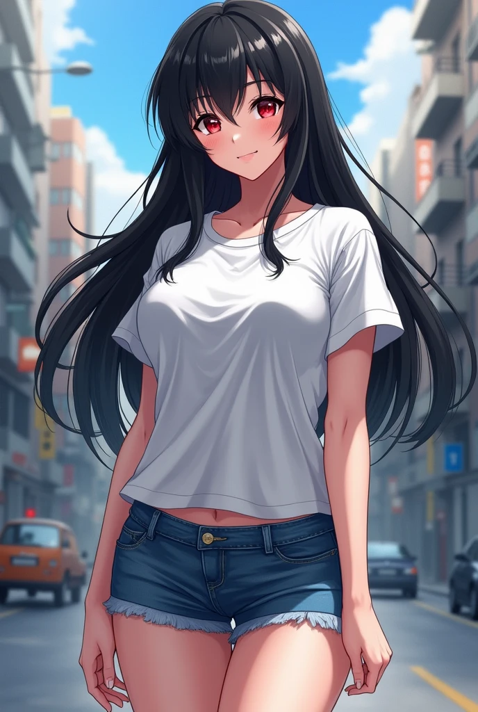 black hair,black eyes,((masterpiece:1.2)), best quality, pretty face, large_breasts, black tank top, red jogging shorts, cowboy shot, looking_at_viewer, light smile, closed_mouth, city street background, anime screencap
