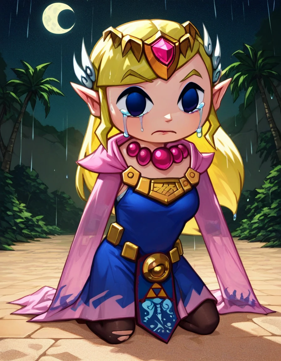 Masterpiece, best quality, 2d,  1girl ,  Toon Zelda, large breast, thicc, sad, concerned, surrounded by tentacles, tentacles in background, beach, night time, full moon, raining, wet clothes, on all fours, crying tears, thicc, torn clothes, holes in clothes, pantyhose 