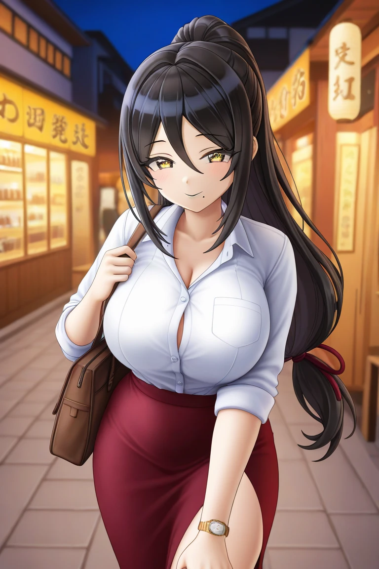  top quality , masterpiece,  high res, Alone,  dolphin wave _Yamaba Yume ,Dolphinwave, Yamaba Yume ,  black hair, Yamaba Yume の眉,  slightly plump thighs,  only the hair on the back is long ,  long ponytail hair ,  long hair_low-tied,  dark dark yellow eyes, Longer eyelashes, Big Breasts,  cute white dress shirt ,  dark red long skirt , Droopy eyes,  one woman,  first-person view,  very small mole around the mouth ,  Situation _ looking for an izakaya in town after work, night, smile,  watch on the left wrist ,  brown bag for work ,