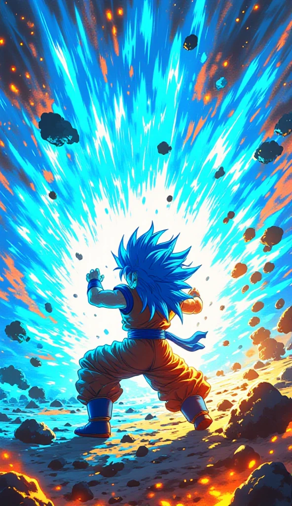 In a scene of epic power and energy, Goku, in his dazzling Super Saiyan Blue form, charges a massive Kamehameha wave as the ground beneath him trembles. This spectacular image, perhaps a digital artwork or a detailed painting, captures Goku's intense focus and raw strength. His vibrant blue hair and fiery aura contrast beautifully against the dynamic background, showcasing intense detail and high-quality craftsmanship. The image exudes a sense of awe and excitement, drawing viewers into the electrifying moment with its dynamic composition and rich colors.Alta resolución, Preciso, La mejor calidad, 