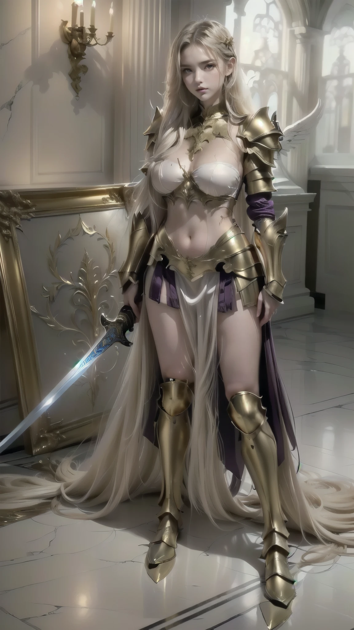 a woman in a golden armor holding a sword in a room, heavy gold armor. dramatic, impressive armor, angelic  golden armor ,  golden armor , golden armor,  golden armor , golden armor, Beautiful armor, sleek golden armor, light golden armor, Golden Obsidian Armor, wearing  golden armor , heavy white and  golden armor , wearing golden armor, light coming out of the armor, emwat, 
([long hair hair]:1.8), (full body:1.8), (upper body up:0.3), (hyper realistic:1.4), (realistic:1.3), (best quality real texture skin), Detailed eyes, detailed face, PERSEPHONE, persephone, (SFW:1.5) Hyperrealistic, LESS saggy breasts, (SMALL BREASTS:1.5), (HUGE LEGS:1.5), (LESS THIGHS:1.5),  perfect legs ,  perfect legs , pernas added, pernas added e perfeitas,  shapely legs,  shapely thighs, pernas added, Smooth thighs. ( erotic pose :1.5), ( thick eyebrows :1.2), (big purple eyes:1.2), ( ultra-detailed eyes :1.4), ( High-resolution eyes :1.1), ( ultra detailed skin texture:1.4), (Beautiful toned body:1.1),  cameltoe