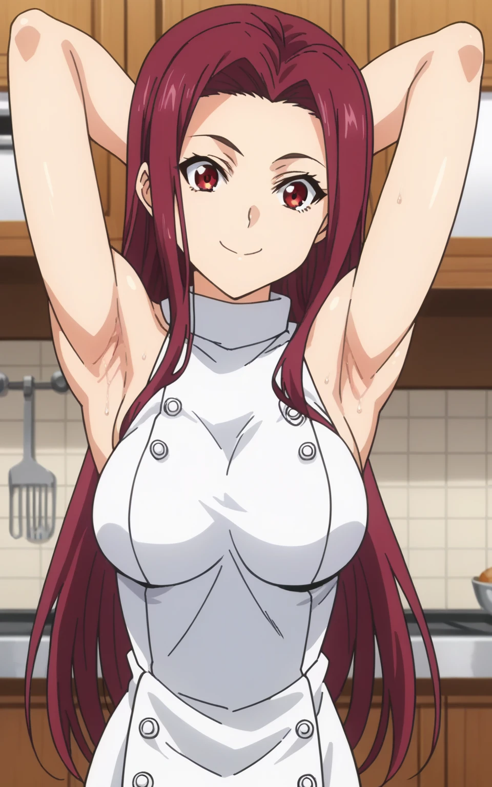 score_9, score_8_up, score_7_up, source_anime, anime screencap, 1girl, solo, ryouko sakaki, long hair, red hair, red eyes, large breasts, white chef outfit, turtleneck, sleeveless, bare shoulders, bare arms, arms behind head, armpits, looking at viewer, head towards viewer, smile, closed mouth, badhandv4, indoors, kitchen, sweaty armpits