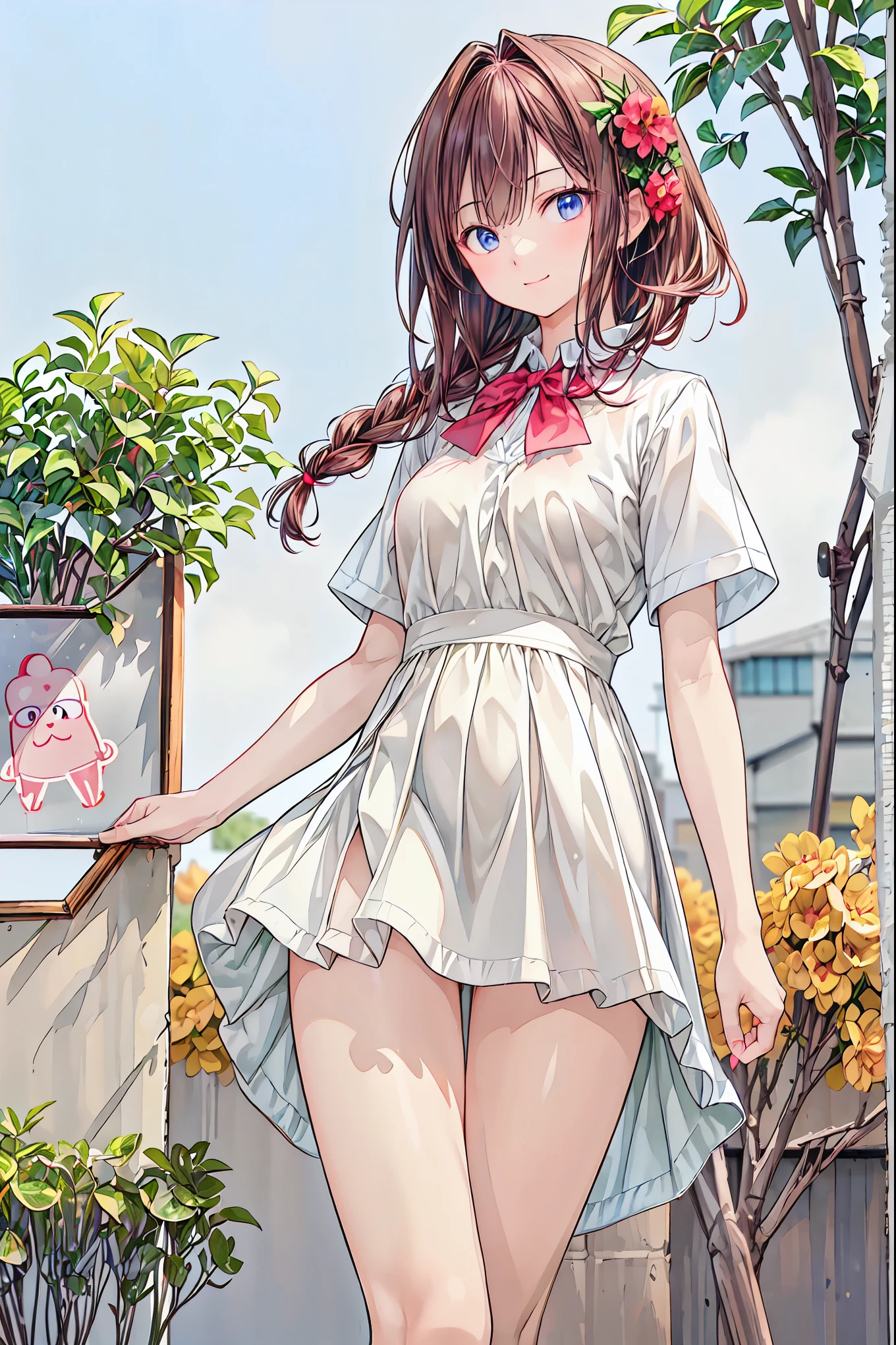 score_9_up, score_8_up, score_7_up, 1girl, solo, source_anime, hourglass figure, Big breasts, kemonomimi, bear ears, brown hair, short hair, messy_hair, blue eyes BREAK freckles, floral print sundress, green sundress, bare shoulders, strapless, high socks, green sneakers, smile, grin, from behind, looking back, outdoors, standing, flower garden, wooden fence, bush, blush, butt, pantyshot, purple panties