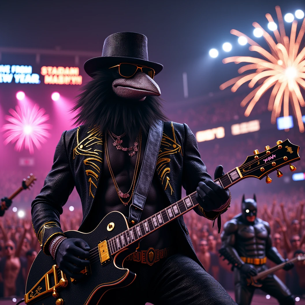 Muscular Anthropomorphic raven donned in intricate black suit with gold trim made of diamonds and a black diamond fedora. Diamonds cover his beak. Dynamically singing and guitar playing. Wears large sunglasses. Obsidian, the lead singer and guitarist of the band "The Obsidian Flow Project", printed on the drummers bass drum. Sings in to a retro style microphone while playing his guitar. The band made up of Batman and a Ninja Turtle donned in diamond covered black suits trimmed in silver, sunglasses and a fedoras. Behind the open air stage, a neon sign says "Live from Club Pearl". Fireworks burst. New Years stadium concert, with a huge crowd cheering for them. The phrase "Happy New Year, MAB!!!" flashes on the stadium jumbotron. Dynamic blues band scene, dynamic pose, High Resolution, Masterpiece, Cinematic, Character Design, Hyperdetailed, Cinematography,  cinematic lighting, Depth Of Field, Sparkle, Ray Tracing, Image Fill, Dynamic Pose, old fashion microphone