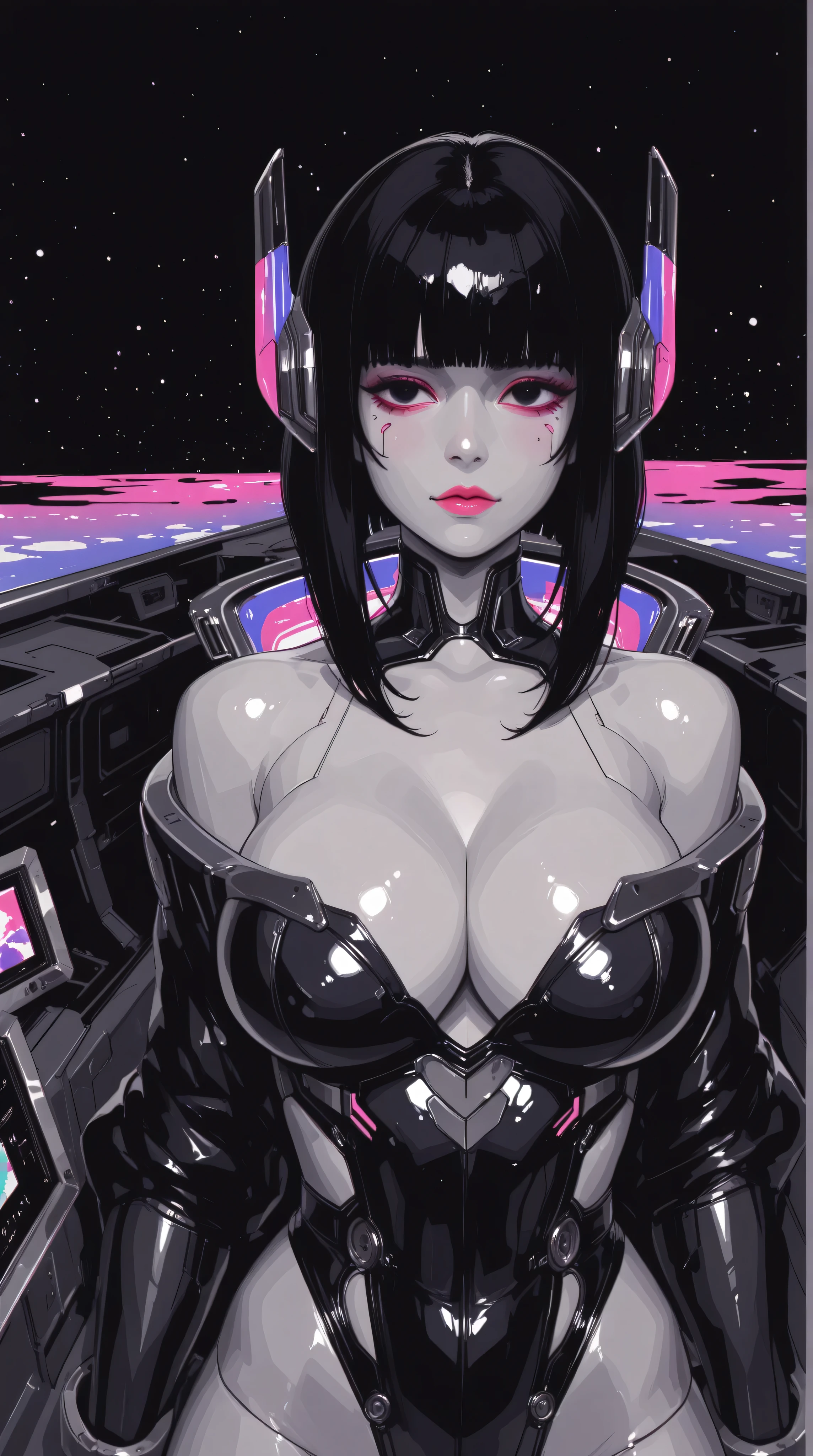 ((best quality)), ((masterpiece)), (detailed), perfect face of cyberpunk mecha japanese girl, shiny black eyes, shiny black body, shiny black hair, ((monochromatic black color palette)), surreal, in the illustrative style of moebius, spaceships, aliens, fantasy, sci-fi, graphic novel, line drawing, bizarre, gallery worthy, work of uncanny art, big breasts, cleavage,
