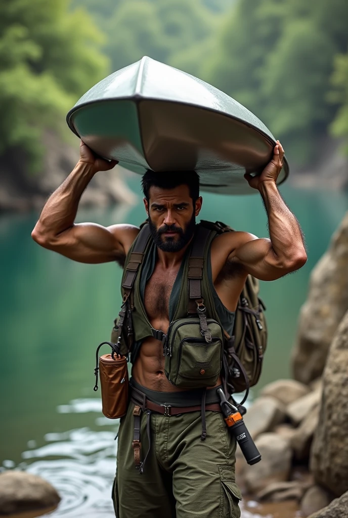 realistic, detailed, best quality, masterpiece, 1 man, RAW half-body portrait of a scruffy soldier, half body drown in the water, rain, rainy, raining, forest, natural lighting,