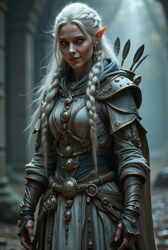 Pathfinder RPG style, female elf, shiny golden extended iris without pupils, lined eyelashes, mole under the left eye, silver hair tied in 5-strand waterfall braid, elf ears, serene smile, slightly athletic physique, gray priestess hooded tunic with gold details, explorer clothes, gray cassock, silver sandals, leather gray gloves, feathers earrings, silver coin shaped hair clip, holding a dagger, quiver with arrows.