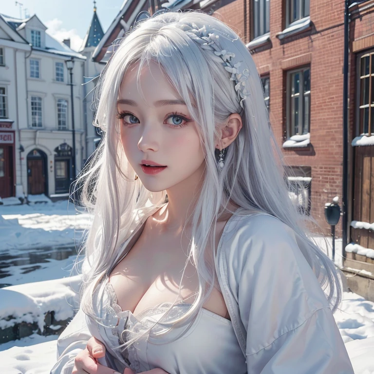 (1 Sexy Woman, Solo, Silver Hair, Medium Hair, Santa Claus costume, mini-skirt, Santa Claus Hat, From side:1.4), (Side pouse, charming expression, beautiful and clear eyes, (Detailed Eyes, Glossy Lip, Smile, Cleavage:1.5), (Cowboy Shot1.3), (cityscape, Street, winter, snow scene, Night, blurred background, :1.8), ((anatomically correct)), (Futuristic Portrait), (Extreme-Close-Up:1.5), Smile, Rim Lighting, Cinematic Light, Earrings, necklace, Look at viewer, no futuro telhado de luz neon, SSCI - FI e Fantasia, intrincado e muito bonito e elegante, altamente detalhado, pintura digital, art-station, arte conceitual, smooth and sharp focus, illustration, Arte de Tan Zi e Ayanamikodon e Alphonse Mucha e Wlop