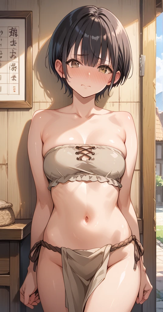 (score_9,score_8_up,score_7_up),masterpiece, best quality, absurdres,official art, official style, uncensored,  illustration,perfect anatomy,source_anime,pinup,
BREAK
1 ite girl, (petite),(short),glamorous,(shiny skin),(large breast:1.2) ,teen,very short hair,black hair,(hair between eyes:1.2),(blunt bangs:1.2),(short sideburns:1.5), (tareme),(blush:1.2),brown eyes, embarrassed,face blush,looking Viewer, Leaning against a wall on array, (old cloth),bare shoulders ,( beige rag Micro bandeau), beige rag  short hundoshi, maebari,
BREAK 
fantasy town,array