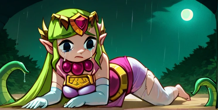Solo, masterpiece, best quality, 1girl, (Disgust_InsideOut, green hair, green skin, pink scarf, nude body, eyelashes, (disgust )), midget, high colours, pixar, cartoon, 3d render, sfw, sitting, spread legs, pussy, pissing, yellow piss puddle, pissing on puddle,