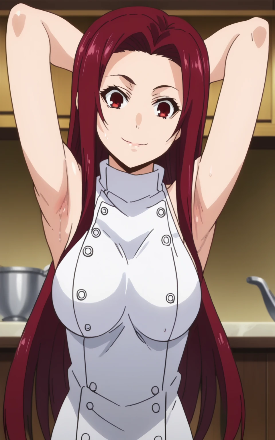 score_9, score_8_up, score_7_up, source_anime, anime screencap, 1girl, solo, ryouko sakaki, long hair, red hair, red eyes, large breasts, white chef outfit, turtleneck, sleeveless, bare shoulders, bare arms, arms behind head, armpits, looking at viewer, head towards viewer, smile, closed mouth, badhandv4, indoors, kitchen, sweaty armpits