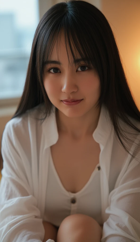 (((Low angle shooting、Biologically correct images、   staring at the camera  :1.22,   sitting in front  , loose open shirt 、  no underwear))), 1 Japanese woman,  Hotel Room、 indirect lighting、