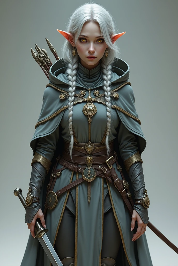 Pathfinder RPG style, female elf, shiny golden extended iris without pupils, lined eyelashes, mole under the left eye, silver hair tied in 5-strand waterfall braid, elf ears, serene smile, slightly athletic physique, gray priestess hooded tunic with gold details, explorer clothes, gray cassock, silver sandals, leather gray gloves, feathers earrings, silver coin shaped hair clip, holding a dagger, quiver with arrows.