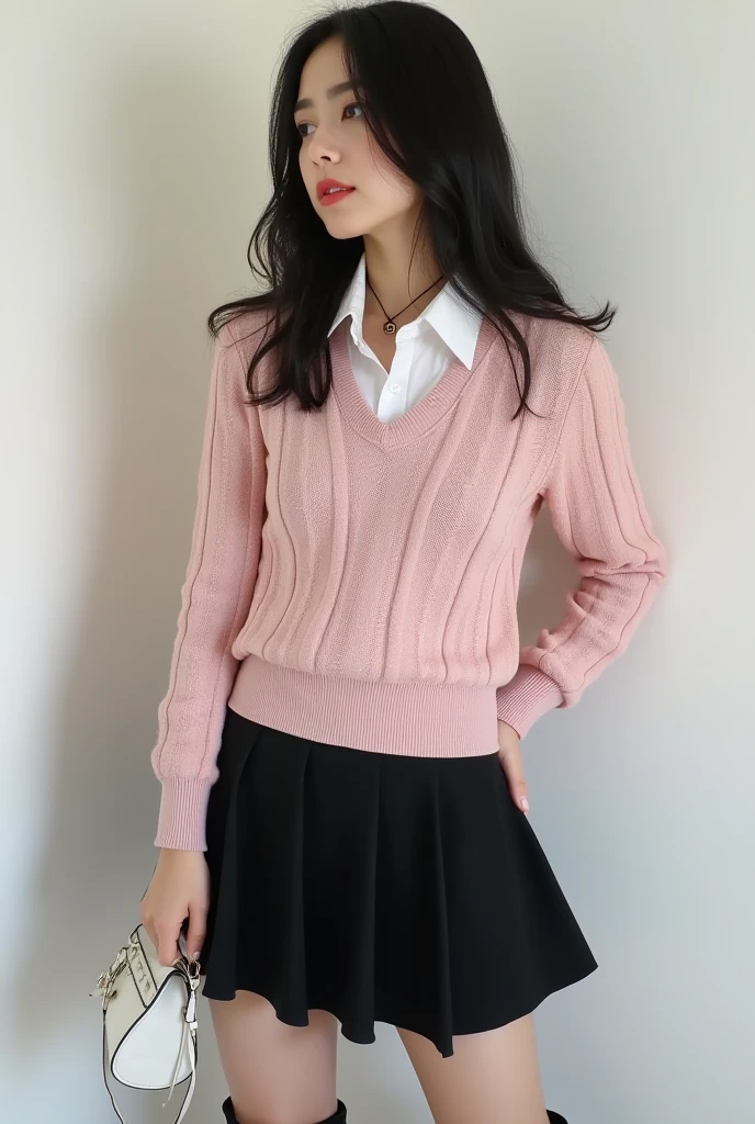 ((highest quality、8k、masterpiece:1.3)),((((cowboy shot)))),Ultra-high resolution,big eyes,Japanese,bangs,(a girl),(1 girl),((20 years old)),((facing at viewer)),(long hair),(pnk sweater),(((school uniform))),grin,((standing)),(pleated mini skirt),(((pussy))),((pubic hair)),((skirt lift)),((short crew socks))