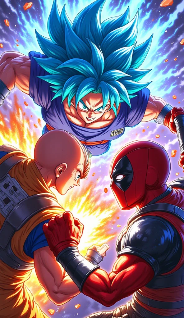 In a breathtaking display of power, Goku, a formidable warrior with flowing blue hair and glowing aura, unleashes a devastating ki attack towards Deadpool, a wisecracking mercenary armed with dual katanas. This dynamic scene is portrayed in a mesmerizing painting, with every detail meticulously rendered to perfection. Goku's intense gaze, muscles rippling with energy, contrasts with Deadpool's smirking defiance, blades at the ready. The vibrant colors and dynamic composition elevate this image to a masterpiece of epic confrontation.Alta resolución, Preciso, Detalles altos, 