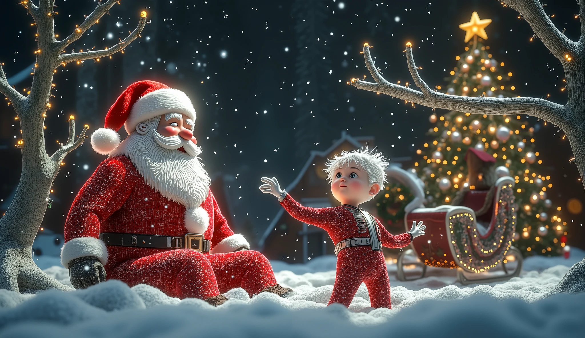 A dreamy, whimsical Christmas scene is set in a snowy wonderland, brimming with festive cheer and magical touches. In the center, a gigantic, kind-hearted Santa Claus sits in the snow, his rosy cheeks and twinkling eyes filled with joy. His perfectly groomed white beard and red suit, trimmed with fluffy white fur, evoke the warmth of holiday spirit. Beside him, a reindeer-drawn sleigh shines in futuristic Coca-Cola style, its glowing red and white edges accentuated against the night sky. The sleigh and reindeer, with their geometric precision and shimmering details, bring a modern, dreamlike quality to the holiday atmosphere.
﻿
The reindeer’s sleek body and delicate, sparkling antlers add to the enchanting mood. On the left side of the scene, a small child dressed in a traditional red Santa outfit—complete with a white coat, boots, and a matching red hat—reaches out toward the friendly Santa with wonder and excitement.
﻿
Surrounding them is a festive forest of snow-covered trees, each adorned with twinkling lights and colorful ornaments. Soft, golden light spills from the trees, casting a warm glow over the snowy ground. Snowflakes gently fall from the sky, creating a soft, magical flurry as they drift down to the earth.
﻿
A large, beautifully decorated Christmas tree stands nearby, its branches full of sparkling ornaments, shimmering tinsel, and a bright star atop. Nearby, candy canes and wreaths hang on the trees, further enhancing the holiday charm. In the distance, a quaint village twinkles with lights, and soft, golden lighting bathes the entire scene, making it feel like a perfect, magical Christmas dream come to life.