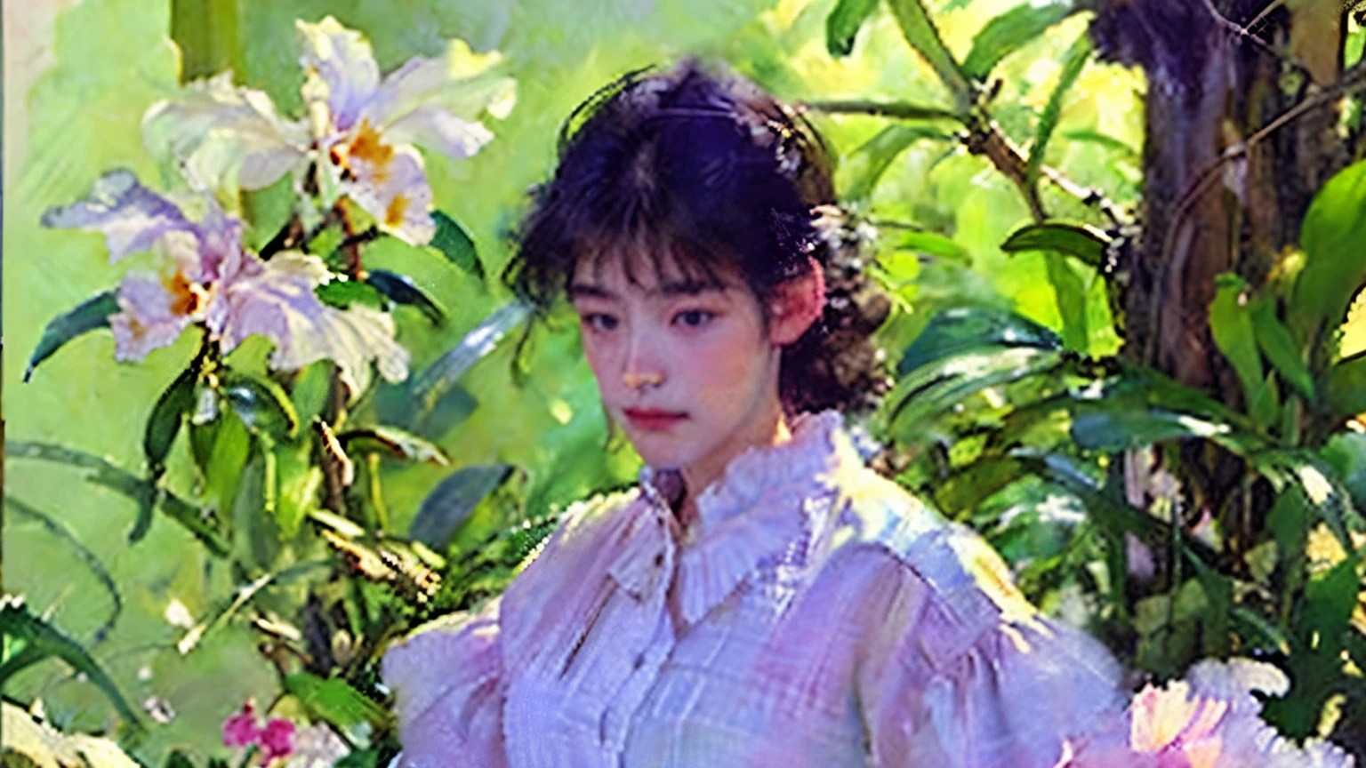   one girl , 18 years old, (   woman in a white dress、手に持ったCattleyaの花)、hair up、  beautiful hairstyles 、   black hair,    detailed face  、break (Cattleya, Alone, Three Flowers, close-up,    full body , full bloom, nature,    Habitat    )、   WRITING BORDER DEPTH ,  cinematic lighting 、  ray tracing 、Soft light、  Soft Focus 、Bokeh,    simple background、   blur background   、   Sargent Style Watercolor Ruins  、 Edmund Layton Style  、  Herbert James Draper Style、   impressionist style 、 8k, masterpiece,   Top Quality  ,    high image quality 、 Detailed depiction 、 wallpaper、