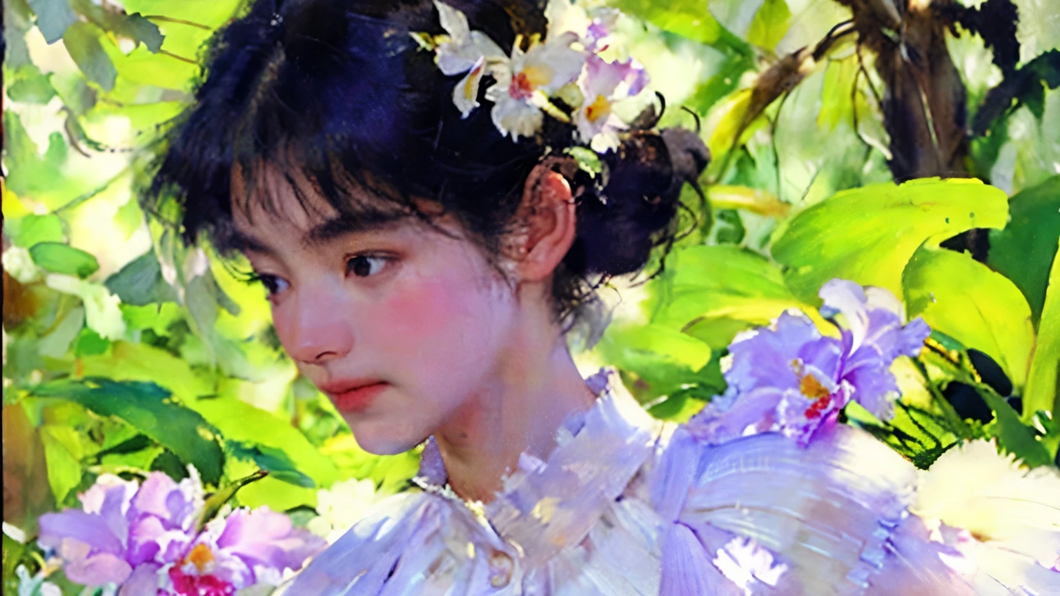   one girl , 18 years old, (   woman in a white dress、手に持ったCattleyaの花)、hair up、  beautiful hairstyles 、   black hair,    detailed face  、break (Cattleya, Alone, Three Flowers, close-up,    full body , full bloom, nature,    Habitat    )、   WRITING BORDER DEPTH ,  cinematic lighting 、  ray tracing 、Soft light、  Soft Focus 、Bokeh,    simple background、   blur background   、   Sargent Style Watercolor Ruins  、 Edmund Layton Style  、  Herbert James Draper Style、   impressionist style 、 8k, masterpiece,   Top Quality  ,    high image quality 、 Detailed depiction 、 wallpaper、