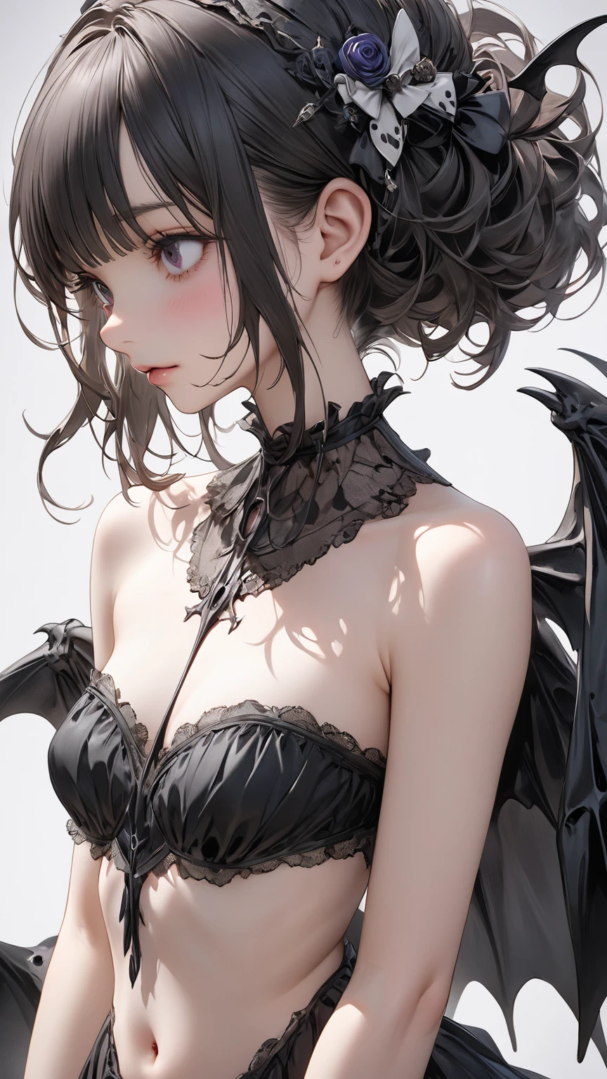 高いquality illustration, masterpiece, Very delicate and beautiful,Slender body,slim,Beautiful Eyes,(masterpiece, Highest quality:1.2), High resolution, Very detailed CG ユニティ 8k 壁紙, Perfect lighting, colorful, 超High resolution,4K,Very detailed, photograph, 8k, High resolutionolution,girl1people、Side Tail Hair、Short Hair、Black Hair、Red eyes、Black Dress、clavicle、Bat Wing、devilの羽、((Black wings))、devil、Black Horn、Dragon Horn、Glare、Get angry、blush、Study、library、Bookshelf、((night))、lamp、indoor、window、Dark room、(White flower)、((White flowerの髪飾り))、((Black panties))、((Black Stockings))、