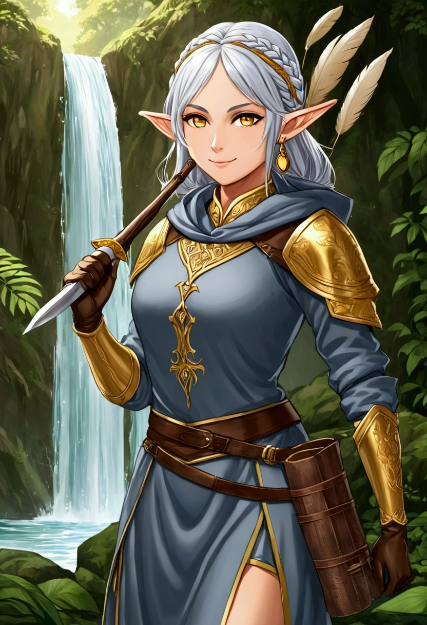 Pathfinder RPG style, female elf, shiny golden extended iris without pupils, lined eyelashes, mole under the left eye, silver hair tied in 5-strand waterfall braid, elf ears, serene smile, slightly athletic physique, gray priestess hooded tunic with gold details, explorer clothes, gray cassock, silver sandals, leather gray gloves, feathers earrings, silver coin shaped hair clip, holding a dagger, quiver with arrows.