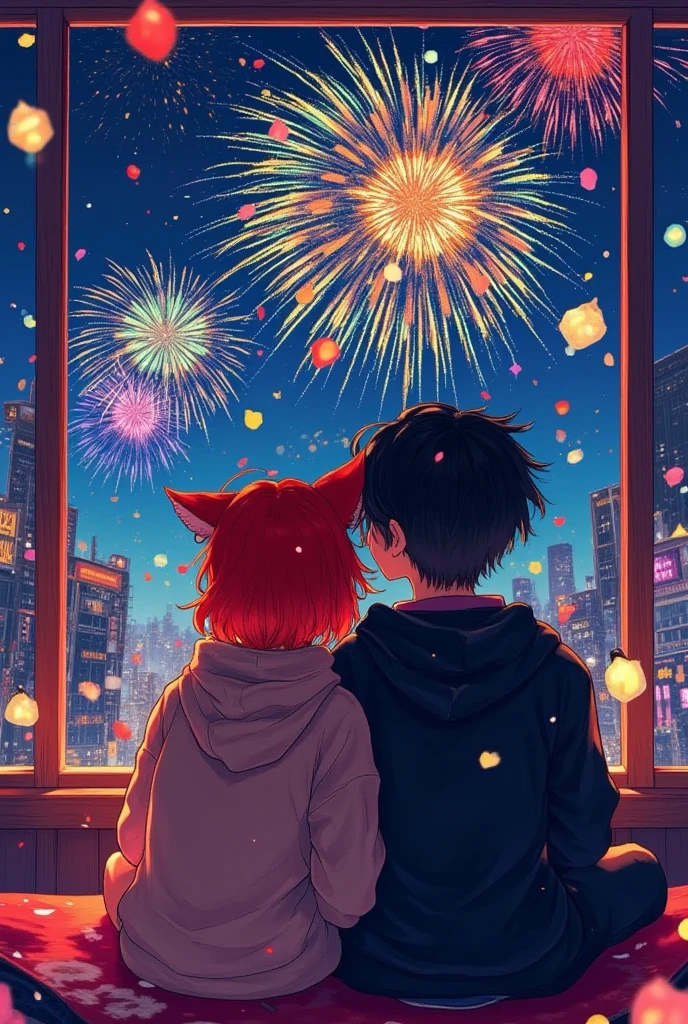 (masterpiece, top quality :1.2),winter,snowy dark sky night,very small *** year party of one couple,a cute cat-eared girl/(red-brown hair,casual room wear),a human boy/(Normal human,black hair,casual room wear),She is leaning on him, side by side,they are looking up outside of the window,beautiful fire works,Hand-drawn illustration, Intense colors, stylish anime,peaceful moment,safe for work