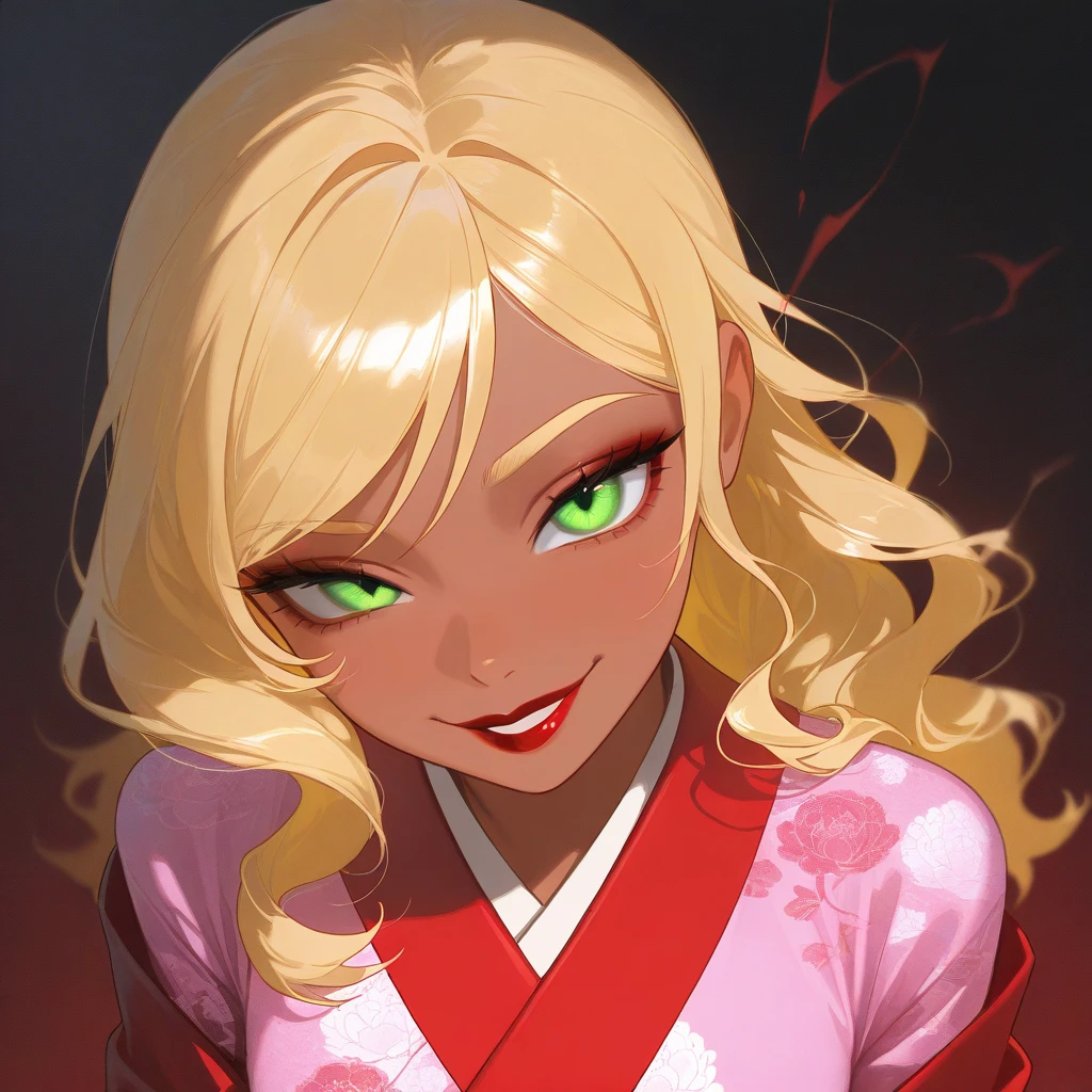 OC, female, semi realism, dark tanned skin, red lips, blonde eyebrows, perfect face, long wavy light Ashe blonde hair with bang, half-closed Green eyes, evil smile, red glamorous, sweet aesthetic, sexy kimono, mystic luminescent, sexy,