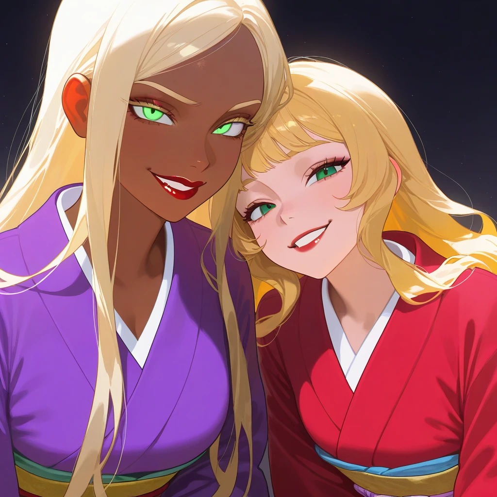 OC, female, semi realism, dark tanned skin, red lips, blonde eyebrows, perfect face, long wavy light Ashe blonde hair with bang, half-closed Green eyes, evil smile, red glamorous, sweet aesthetic, sexy kimono, mystic luminescent, sexy,