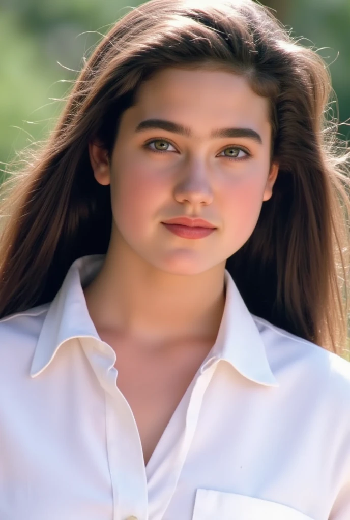 (masterpiece, best quality:1.3), 1girl, Alone, cowboy shot, 
she wear in white shirt, natural cleavage, 
young Jennifer Connelly at , 
with cute face yet with precocious female body,
no make up, flawless pale skin, 
healthy youthful fresh succulent smooth fair skin,
tender smile,
plump cheeks, 
scooped nose arched high with a turned-up tip,
plump blreasts, broad shoulders, 
shiny long dark hair fluttering,
under bright natural light illuminating on her face,