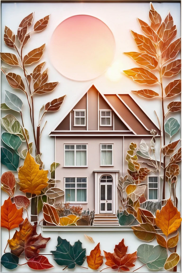 collage+knolling glass panel, cosy house+sun+leaves, transparent, gradient