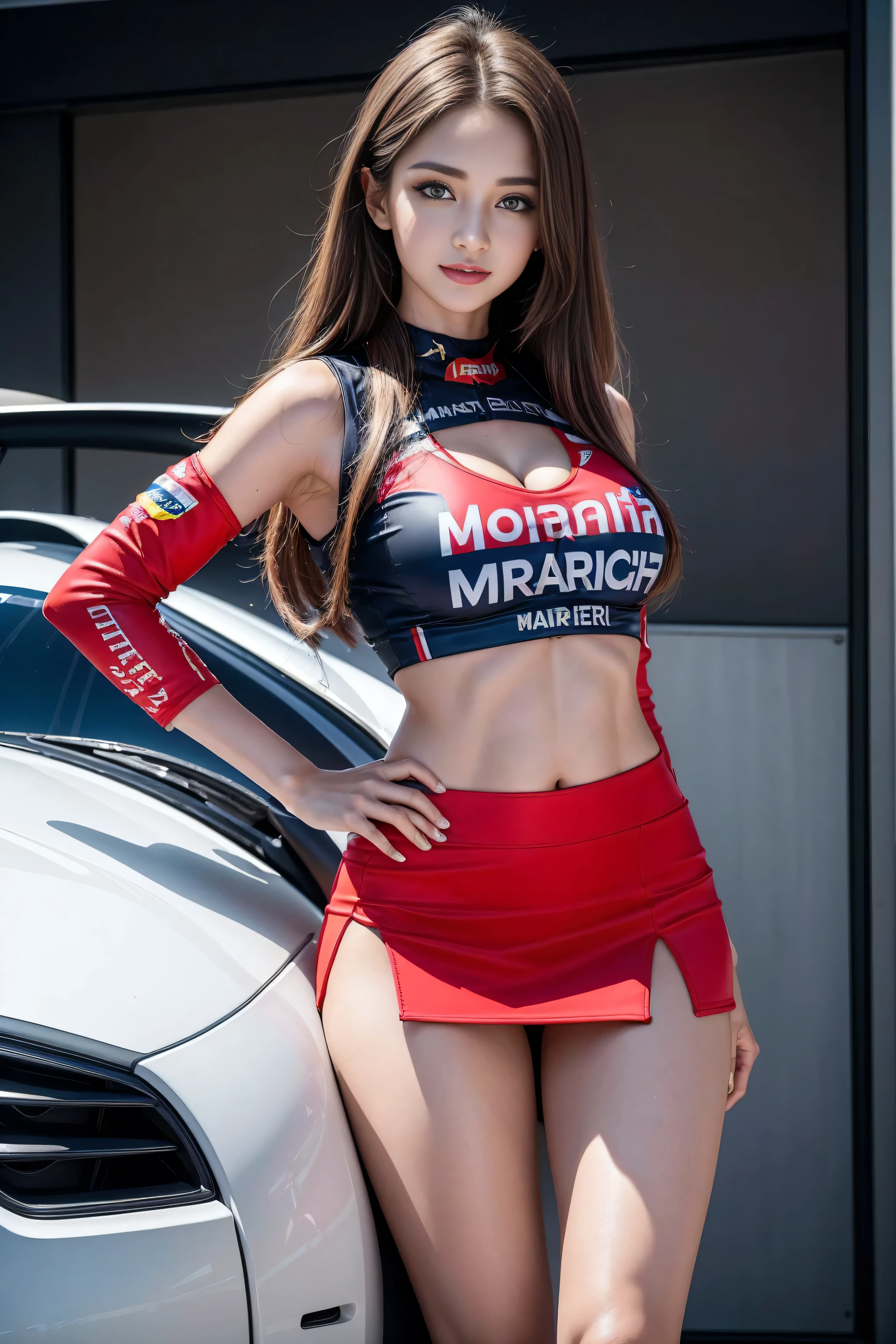 8k,RAW photos,  best quality at best,(masterpiece), ( MotoGP Racing Girls), (Eyeliner:0.5),( blush:0.5), Brown straight hair,  light smile , Refers to a beautiful and delicate girl, Extremely detailed face ,  beautiful and detailed blue eyes，Double eyelid long lashes ，Sexy plump lips， ((MotoGP)), (MotoGP track background), ( best quality,  high resolution, Reality, original, 8K,masterpiece, ),((( dynamic posture))),(((Mid-abdomen peek))),(((Show under chest ))),(((Red Mini Skirt Lift))),(((Bare inner thighs))),（Long Legs：1.5），（Thigh gap：1.5），（Vest line，Muscular hands:1.2），(((Formula One car on display))), ( are brightly colored:1.2), (Beautiful),