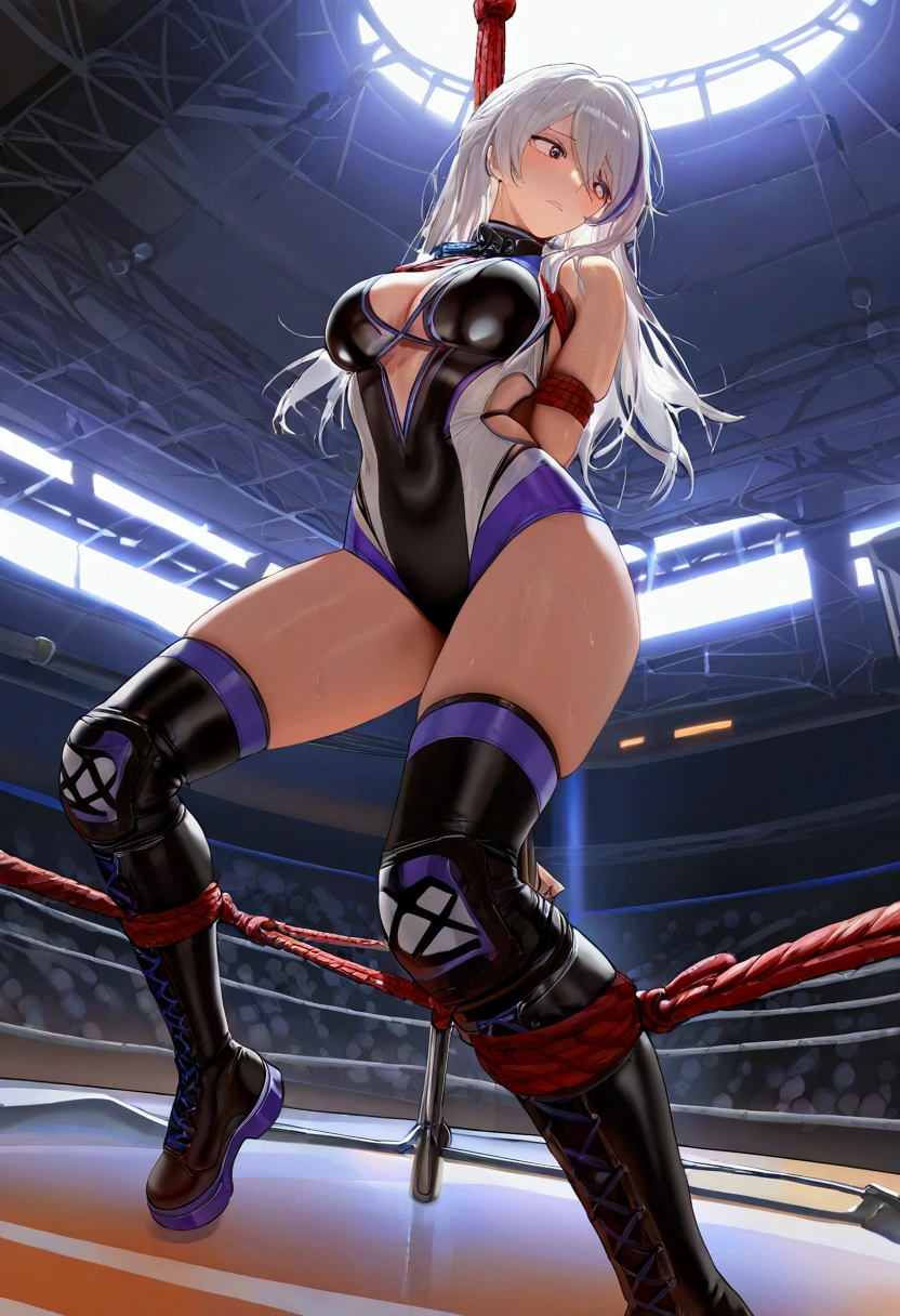 ((((masterpiece)))), (( unity 8k wallpaper, photorealistic , (( detailed face )), ((nsfw)), Female Pro Wrestler with Floating Legs,mighty yukiko,torture,torture器具の三角木馬責め,The apex of the rope,There are 3 ropes stretched on all sides of ,Punishment by my boyfriend