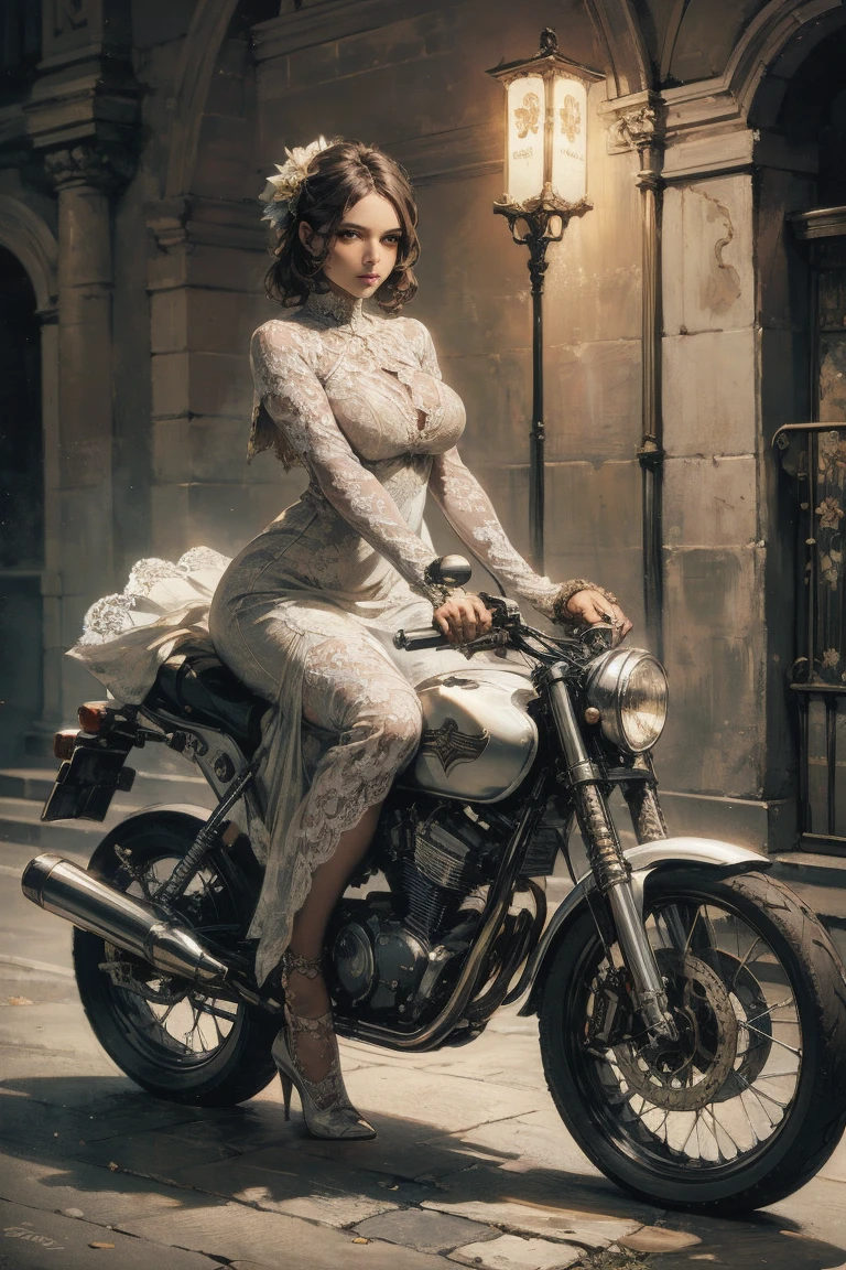 masterpiece,  portrait of a surrealist woman,   fantasy art,   realism, Dynamic Lighting,   art station  , Poster,    volumetric optics and tonfers ,  Very elaborate face ,  Dark Eyes, 輝く瞳,4K,    award  ,   1 girl,   discreet  ,   Full Body Shots  , (Formal Wear: 1.4, white lace dress ), Street lamp,   dark brown hair  ,Lac34rmor , look at viewers,  gigantic breast, armybiker style, riding motorcycle