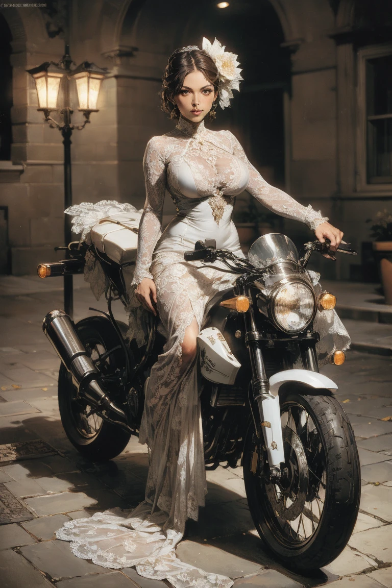 masterpiece,  portrait of a surrealist woman,   fantasy art,   realism, Dynamic Lighting,   art station  , Poster,    volumetric optics and tonfers ,  Very elaborate face ,  Dark Eyes, 輝く瞳,4K,    award  ,   1 girl,   discreet  ,   Full Body Shots  , (Formal Wear: 1.4, white lace dress ), Street lamp,   dark brown hair  ,Lac34rmor , look at viewers,  gigantic breast, armybiker style, riding motorcycle