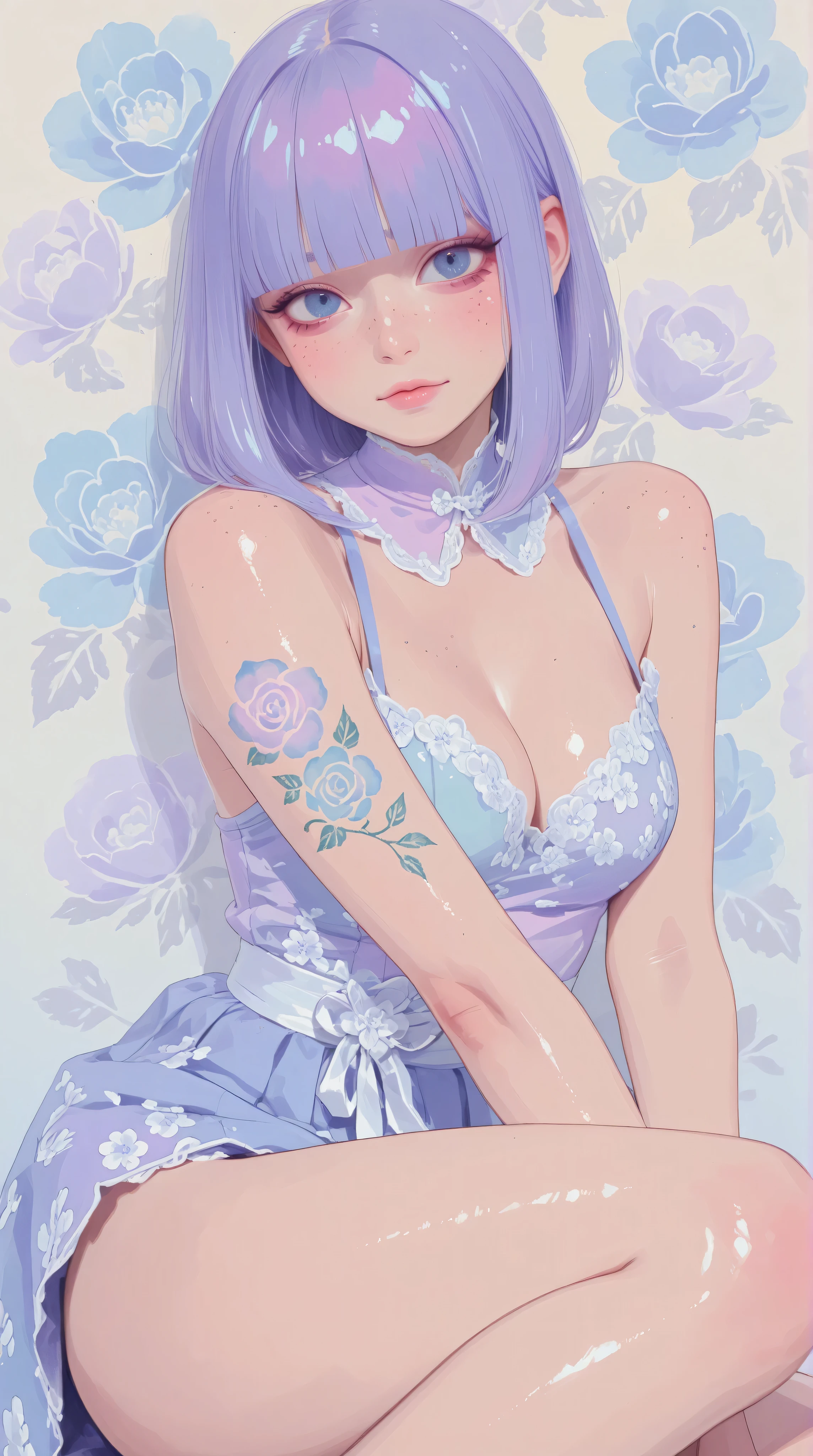 A mesmerizing surreal illustration of a young japanese woman. She has pastel purple hair with blunt bangs, blue eyes, and wears a vibrant purple and blue pastel colored outfit adorned with intricate floral patterns. Freckles dot her smooth, warm complexion, and bold, colorful tattoos cover her arms and legs. The tattoos feature traditional Japanese motifs like flowers and mythical creatures, rendered with meticulous detail in a pastel color palette. The background is a vintage floral-patterned wallpaper that complements the artwork's colors. The artwork fuses modern illustration techniques with traditional Japanese aesthetics, resulting in a visually striking, portrait, shiny skin, goth girl, small breasts, cleavage, sexy pose, dynamic pose,