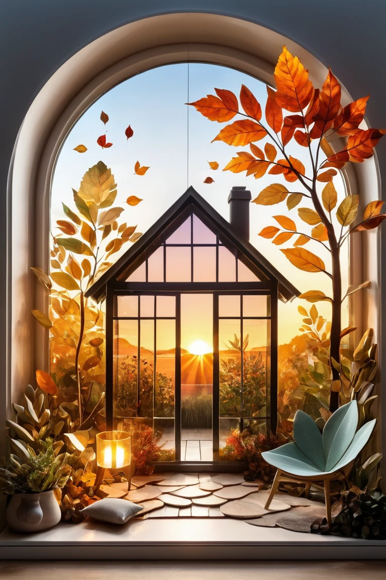 collage+knolling glass panel, cosy house+sun+leaves, transparent, gradient