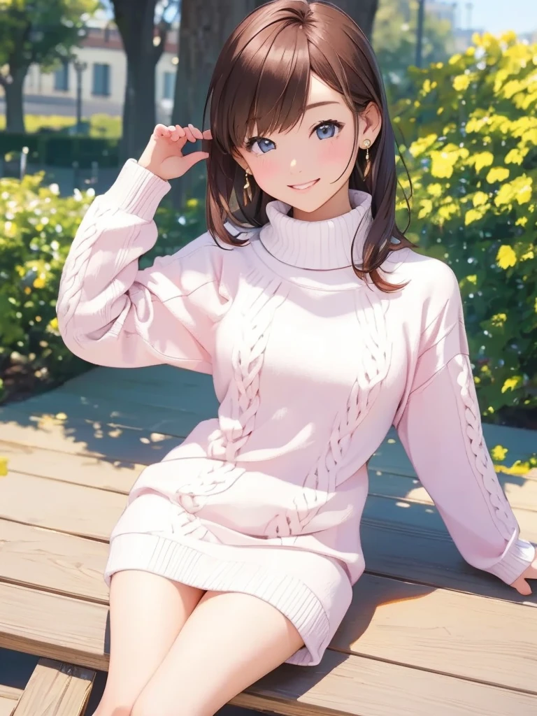 masterpiece、 high res、 1 girl、solo、woman、smile、blush、Mid-chest、 slimming、 real、20 years old、wool high neck sweater mini dress、 earrings for women with first name、A sunny day at the park  、 shot above the knee 