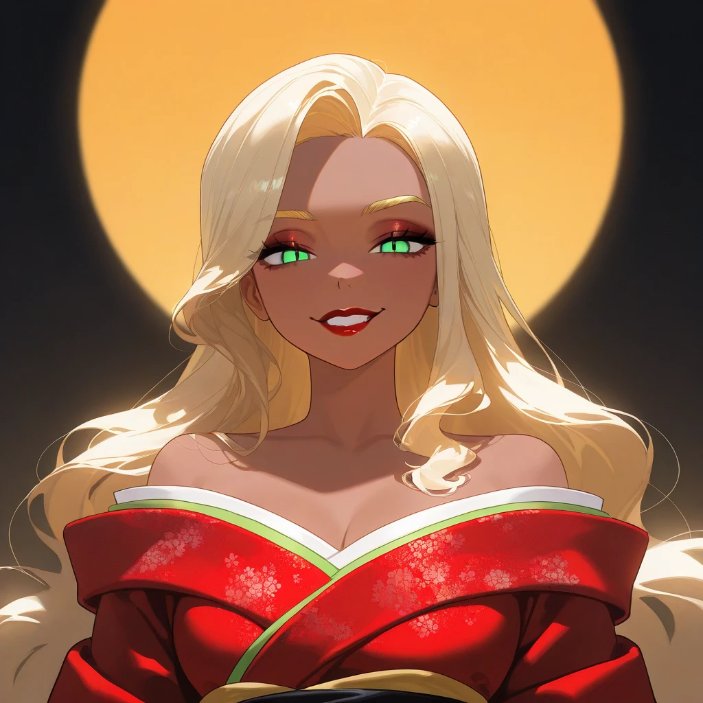 OC, female, semi realism, dark tanned skin, red lips, blonde eyebrows, perfect face, long wavy light Ashe blonde hair with bang, half-closed Green eyes, evil smile, red glamorous, sweet aesthetic, sexy kimono, mystic luminescent, sexy,