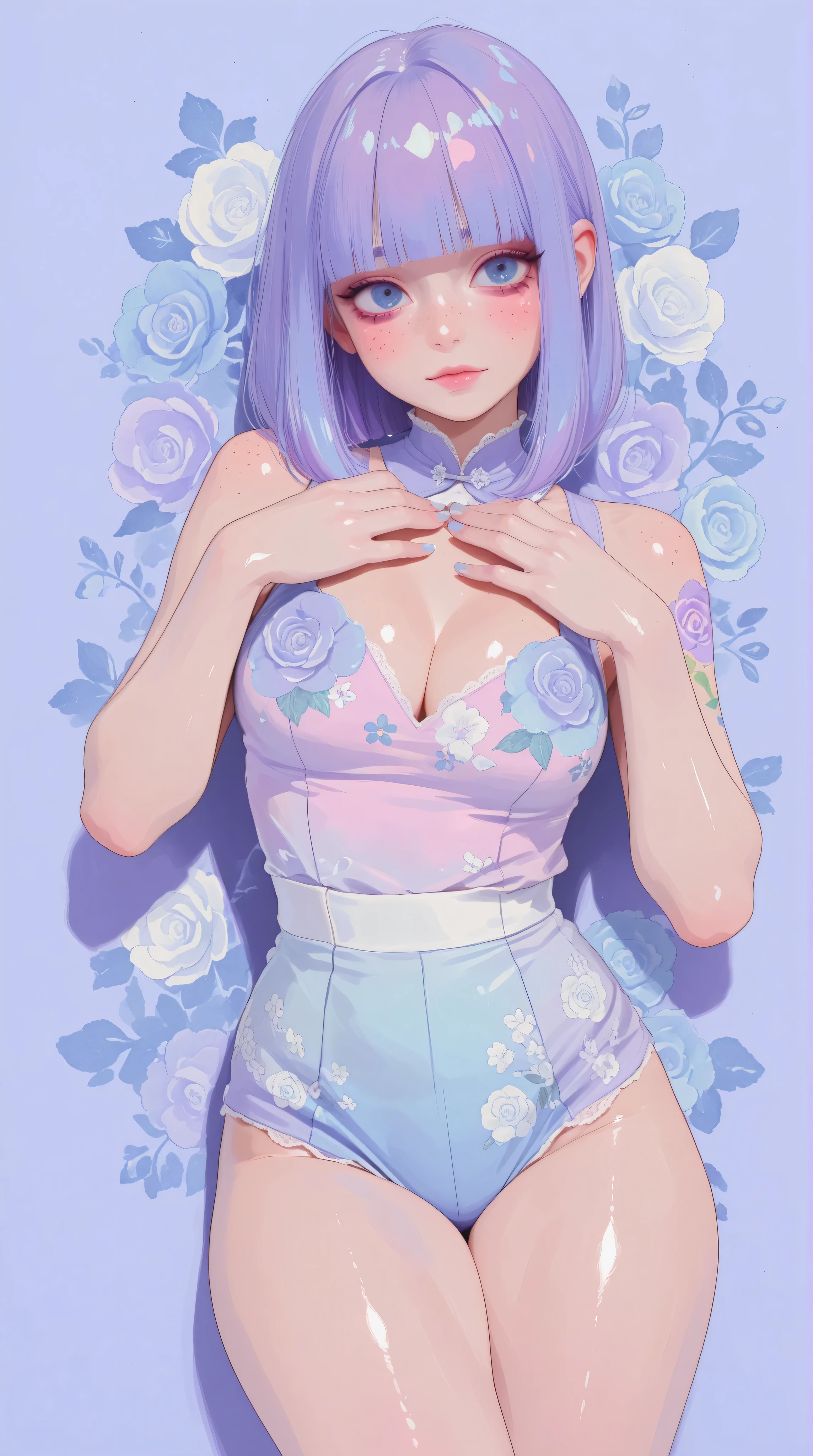 A mesmerizing surreal illustration of a young japanese woman. She has pastel purple hair with blunt bangs, blue eyes, and wears a vibrant purple and blue pastel colored outfit adorned with intricate floral patterns. Freckles dot her smooth, warm complexion, and bold, colorful tattoos cover her arms and legs. The tattoos feature traditional Japanese motifs like flowers and mythical creatures, rendered with meticulous detail in a pastel color palette. The background is a vintage floral-patterned wallpaper that complements the artwork's colors. The artwork fuses modern illustration techniques with traditional Japanese aesthetics, resulting in a visually striking, portrait, shiny skin, goth girl, small breasts, cleavage, sexy pose, dynamic pose,