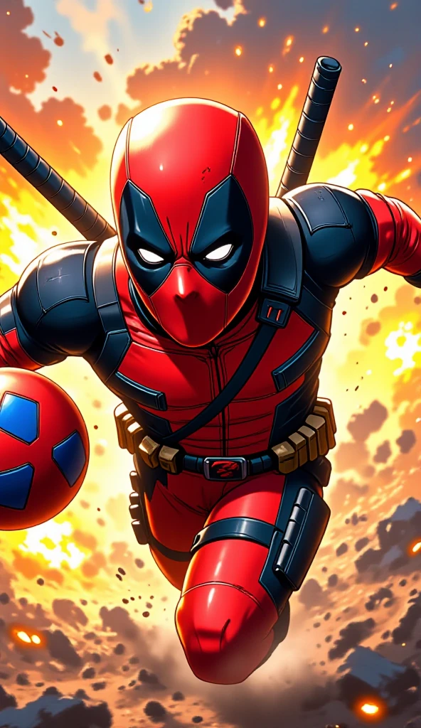 A lively Deadpool, clad in his iconic red and black suit, races through a chaotic scene of explosions, clutching the Dragon Ball's four-star sphere. The image, likely a digital illustration or graphic design, showcases Deadpool in a dynamic and action-packed moment. His eyes gleam with mischievous delight, and the intricate details of his scars and weapons are rendered with stunning precision. The vibrant colors pop against the backdrop of destruction, creating a visually captivating and high-quality depiction of the beloved anti-hero.Alta resolución, Preciso, Detalles altos, 