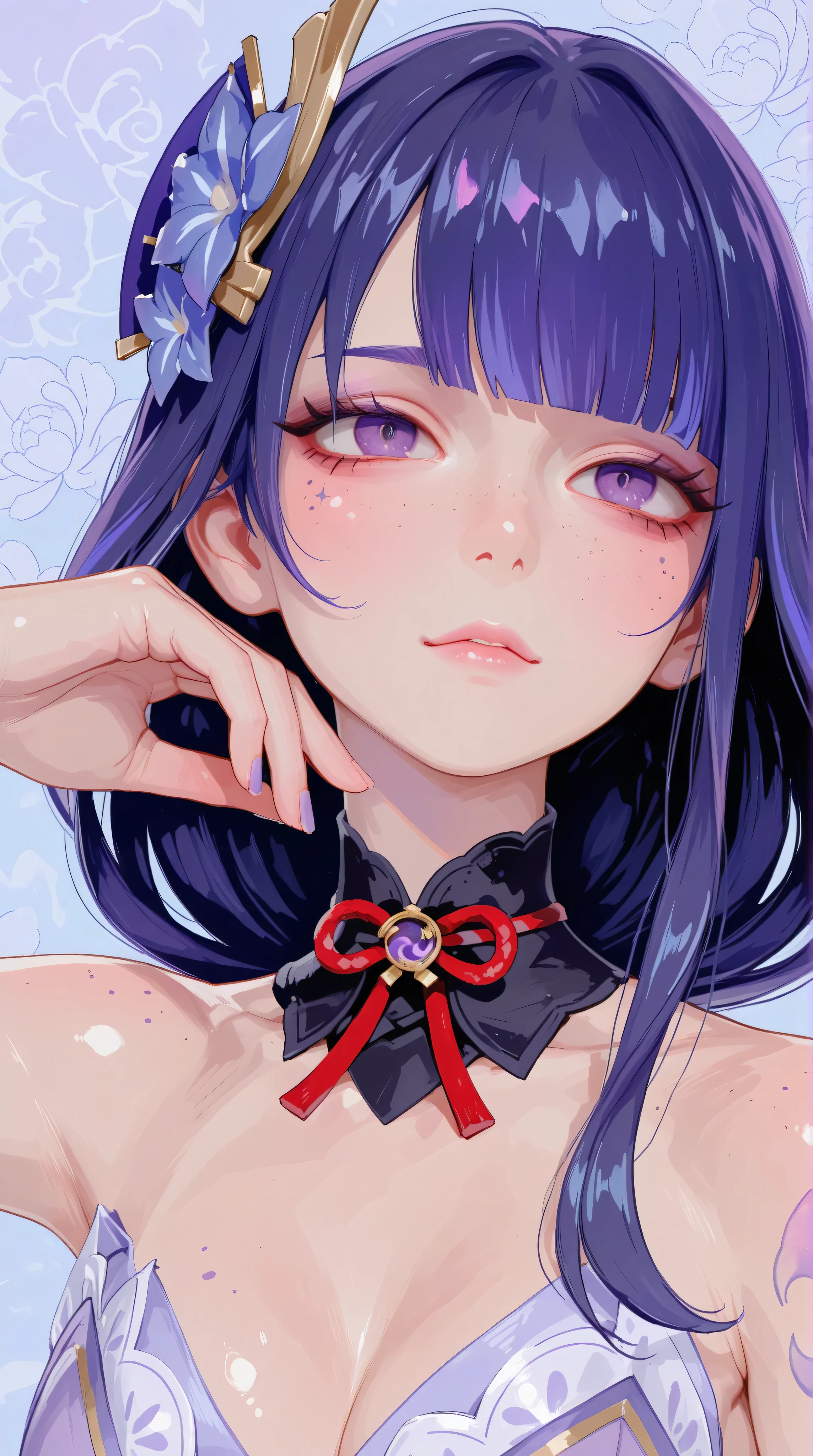 A mesmerizing surreal illustration of a young japanese woman. raiden shogun from genshin impact, She has pastel purple hair with blunt bangs, purple eyes, and wears a vibrant purple and blue pastel colored outfit adorned with intricate floral patterns. Freckles dot her smooth, warm complexion, and bold, colorful tattoos cover her arms and legs. The tattoos feature traditional Japanese motifs like flowers and mythical creatures, rendered with meticulous detail in a pastel color palette. The background is a vintage floral-patterned wallpaper that complements the artwork's colors. The artwork fuses modern illustration techniques with traditional Japanese aesthetics, resulting in a visually striking, portrait, shiny skin, goth girl, small breasts, cleavage, sexy pose, dynamic pose,