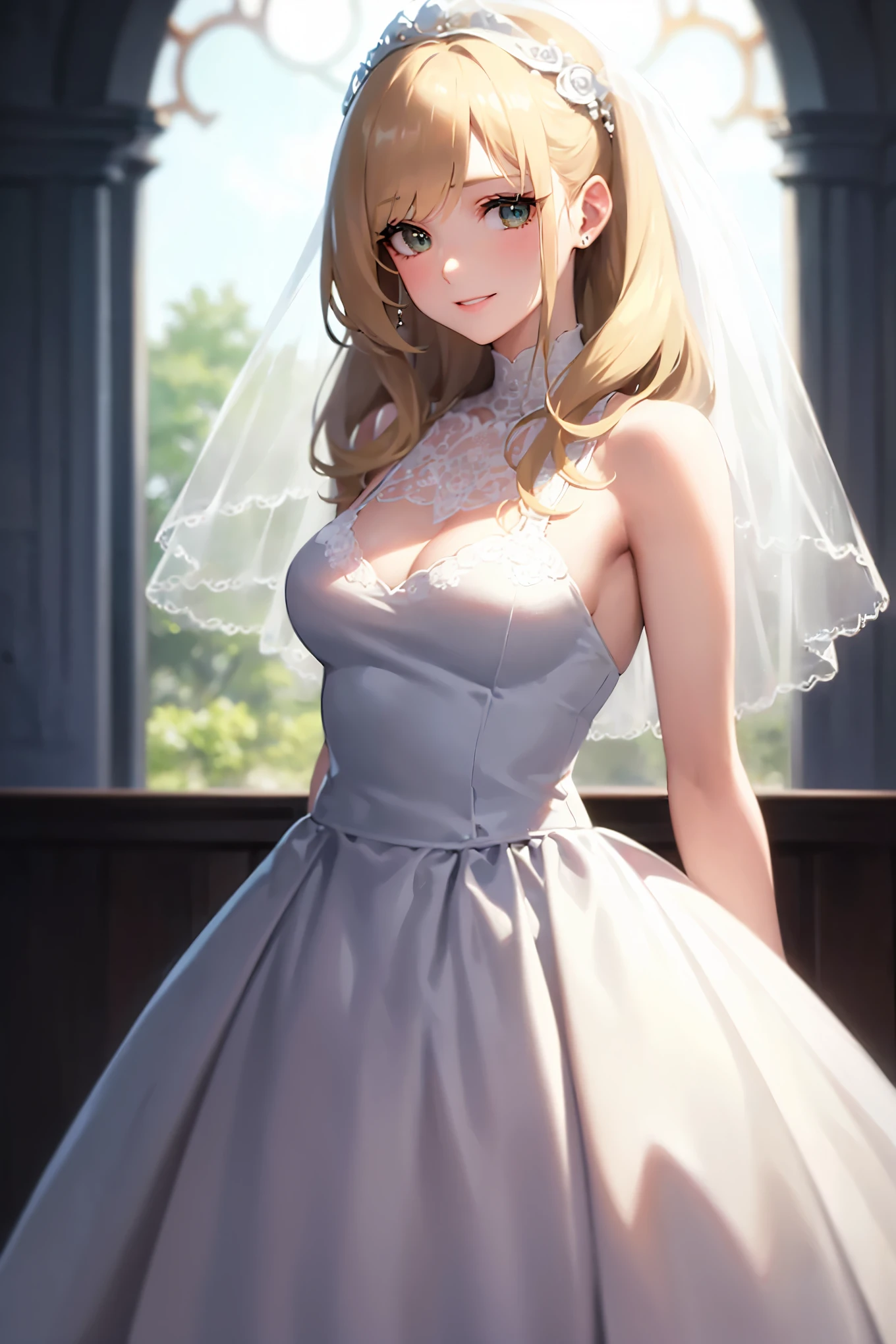 masterpiece, best quality, highres, 1girl, solo, blonde hair, low twintails, green eyes, wedding dress, strapless, smile, open mouth, holding bouquet, standing, cowboy shot, garden, confetti,