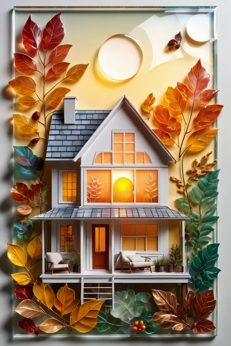 collage+knolling glass panel, cosy house+sun+leaves, transparent, gradient