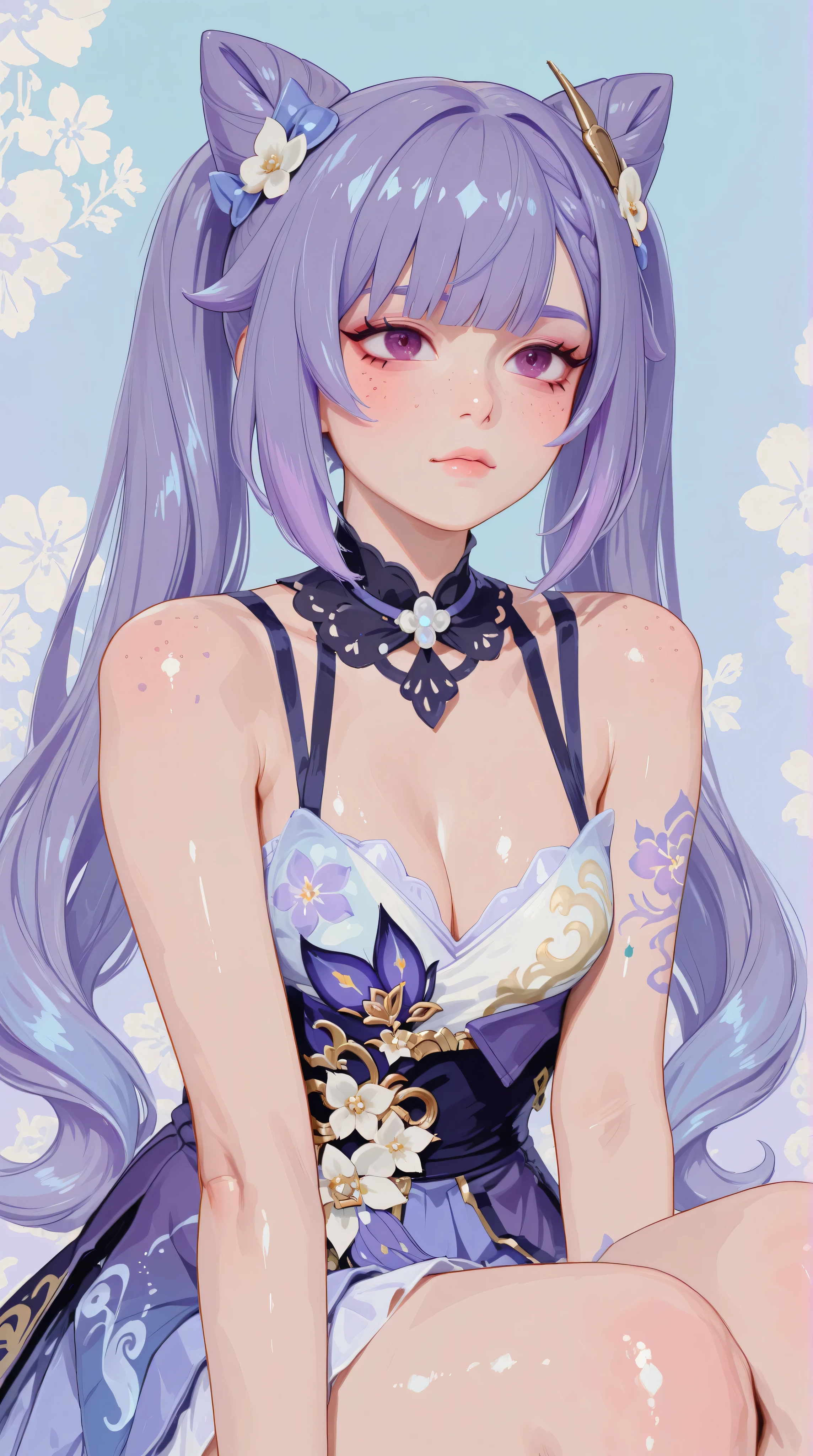 A mesmerizing surreal illustration of a young japanese woman. keqing from genshin impact, She has pastel purple hair with blunt bangs, purple eyes, and wears a vibrant purple and blue pastel colored outfit adorned with intricate floral patterns. Freckles dot her smooth, warm complexion, and bold, colorful tattoos cover her arms and legs. The tattoos feature traditional Japanese motifs like flowers and mythical creatures, rendered with meticulous detail in a pastel color palette. The background is a vintage floral-patterned wallpaper that complements the artwork's colors. The artwork fuses modern illustration techniques with traditional Japanese aesthetics, resulting in a visually striking, portrait, shiny skin, goth girl, small breasts, cleavage, sexy pose, dynamic pose, shiny skin,