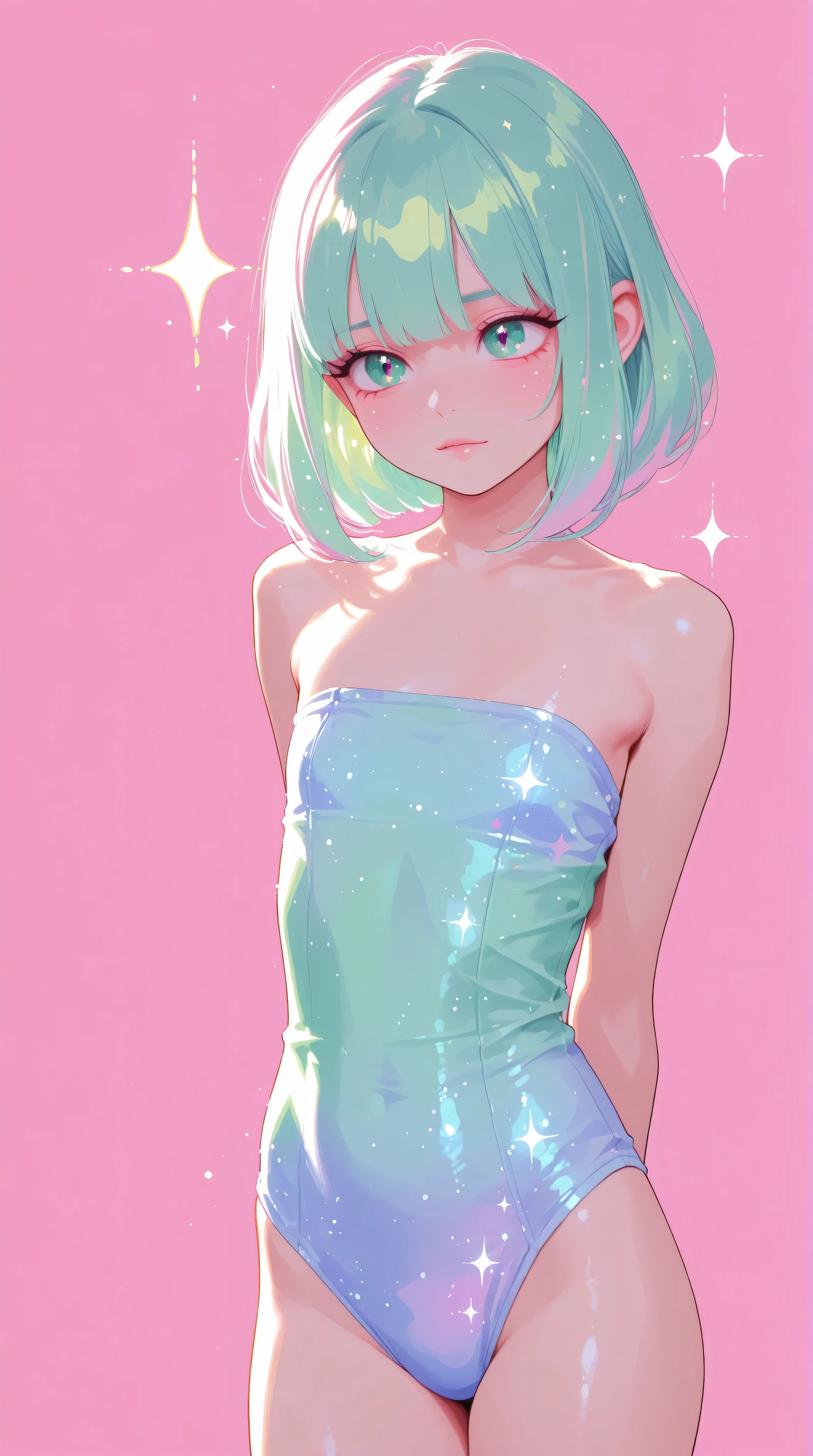 young Japanese girl, slender, flat chest, barely dressed, anime, manga, sexy, sparkles, Pink Green Hair, Glitter Dust, dynamic shadows, masterpiece, bright colors, Shimmers, clear details, beautiful appearance, Wide Format Image, score_9, score_8_up,score_7_up, masterpiece, best quality, perfect anatomy, very aesthetic, official art, 8k, shiny skin, arms behind back, no background, pink background, green background,